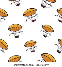 Funny Cute Hand Drawn Kids Toy Aeronautic Transport. Baby Bright Cartoon Blimp Vector Seamless Pattern On White Background. Set Of Isolated Elements. Chess Grid Order