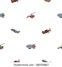 Funny cute hand drawn kids toy aeronautic transport. Baby bright cartoon helicopter, biplane, airship, plane vector seamless pattern on white background. Set of isolated elements. Chess grid order