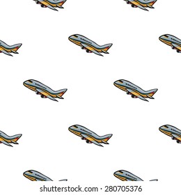 Funny cute hand drawn kids toy aeronautic transport. Baby bright cartoon plane vector seamless pattern on white background. Set of isolated elements. Chess grid order