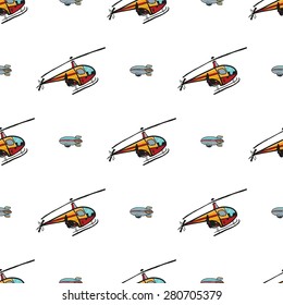 Funny cute hand drawn kids toy aeronautic transport. Baby bright cartoon helicopter and airship vector seamless pattern on white background. Set of isolated elements. Chess grid order