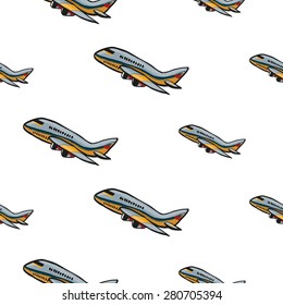 Funny cute hand drawn kids toy aeronautic transport. Baby bright cartoon plane vector seamless pattern on white background. Set of isolated elements. Chess grid order