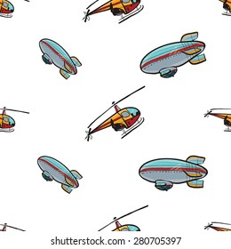 Funny cute hand drawn kids toy aeronautic transport. Baby bright cartoon helicopter and airship vector seamless pattern on white background. Set of isolated elements. Chess grid order