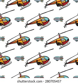Funny cute hand drawn kids toy aeronautic transport. Baby bright cartoon helicopter and airship vector seamless pattern on white background. Set of isolated elements. Chess grid order