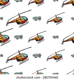 Funny cute hand drawn kids toy aeronautic transport. Baby bright cartoon helicopter and airship vector seamless pattern on white background. Set of isolated elements. Chess grid order