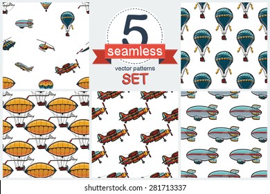 Funny cute hand drawn kids toy aeronautic transport. Baby bright cartoon helicopter, chopper, aerostat, balloon, biplane, airship, blimp, plane. Set of 5 vector seamless pattern. Chess grid order.