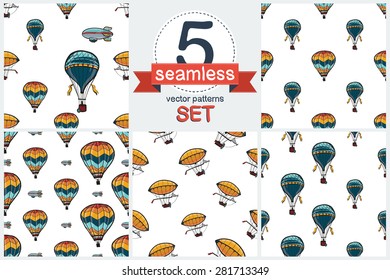 Funny cute hand drawn kids toy aeronautic transport. Baby bright cartoon aerostat, balloon, airship, blimp. Set of 5 vector seamless pattern. Chess grid order pattern.