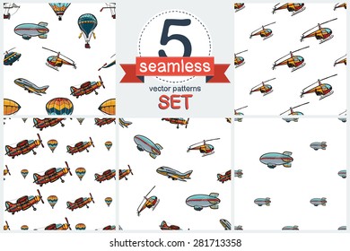 Funny cute hand drawn kids toy aeronautic transport. Baby bright cartoon helicopter, chopper, aerostat, balloon, biplane, airship, blimp, plane. Set of 5 vector seamless pattern. Chess grid order