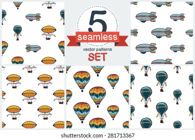 Funny Cute Hand Drawn Kids Toy Aeronautic Transport. Baby Bright Cartoon Aerostat, Balloon, Airship, Blimp. Set Of 5 Vector Seamless Pattern. Chess Grid Order Pattern.