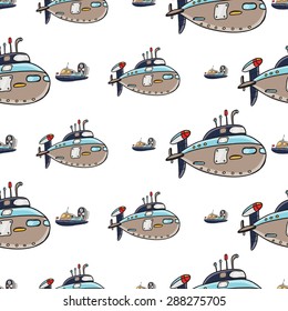 Funny cute hand drawn kids toy water transport for nursery decoration. Baby bright cartoon hovercraft and submarine vector seamless pattern on white background. Set of isolated elements