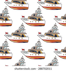 Funny cute hand drawn kids toy water transport for nursery decoration. Baby bright cartoon boat vector seamless pattern on white background. Set of isolated elements