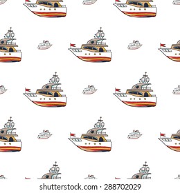 Funny cute hand drawn kids toy water transport for nursery decoration. Baby bright cartoon boat and yacht vector seamless pattern on white background. Set of isolated elements