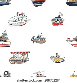 Funny cute hand drawn kids toy water transport for nursery decoration. Baby bright cartoon boat, yacht, hovercraft, water-bus, steamship, cruise, submarine vector seamless pattern on white background.