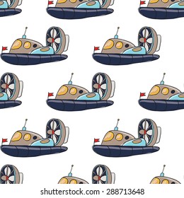 Funny cute hand drawn kids toy water transport for nursery decoration. Baby bright cartoon hovercraft vector seamless pattern on white background. Set of isolated elements