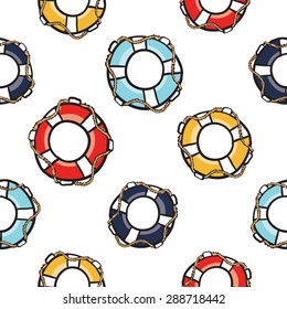 Funny cute hand drawn kids toy water transport for nursery decoration. Baby bright cartoon lifebuoy, lifeline, lifering vector seamless pattern on white background. Set of isolated elements