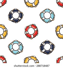 Funny cute hand drawn kids toy water transport for nursery decoration. Baby bright cartoon lifebuoy, lifeline, lifering vector seamless pattern on white background. Set of isolated elements