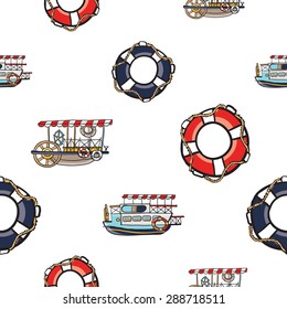 Funny cute hand drawn kids toy water transport for nursery decoration. Baby bright cartoon lifering, water-tram, water-bus vector seamless pattern on white background. Set of isolated elements