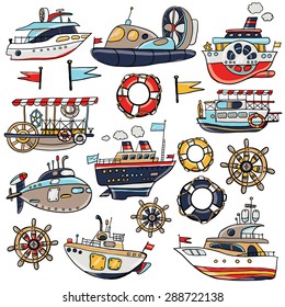 Funny cute hand drawn kids toy water transport for nursery decoration. Baby bright cartoon boat, hovercraft, underwater, submarine vector on white background. Set of isolated elements