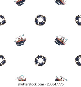 Funny cute hand drawn kids toy water transport for nursery decoration. Baby bright cartoon lifering and Cruise-ship vector seamless pattern on white background. Set of isolated elements