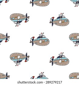 Funny cute hand drawn kids toy water transport for nursery decoration. Baby bright cartoon submarine vector seamless pattern on white background. Set of isolated elements