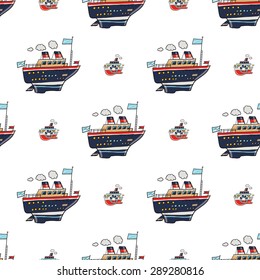 Funny cute hand drawn kids toy water transport for nursery decoration. Baby bright cartoon steamship and Cruise-ship vector seamless pattern on white background. Set of isolated elements