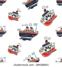 Funny cute hand drawn kids toy water transport for nursery decoration. Baby bright cartoon steamship and Cruise-ship vector seamless pattern on white background. Set of isolated elements