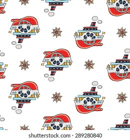 Funny cute hand drawn kids toy water transport for nursery decoration. Baby bright cartoon steering-wheel and steamship vector seamless pattern on white background. Set of isolated elements
