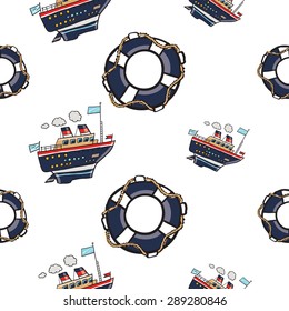 Funny cute hand drawn kids toy water transport for nursery decoration. Baby bright cartoon lifering and Cruise-ship vector seamless pattern on white background. Set of isolated elements