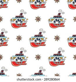 Funny cute hand drawn kids toy water transport for nursery decoration. Baby bright cartoon steering-wheel and steamship vector seamless pattern on white background. Set of isolated elements