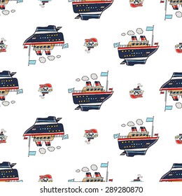 Funny cute hand drawn kids toy water transport for nursery decoration. Baby bright cartoon steamship and Cruise-ship vector seamless pattern on white background. Set of isolated elements