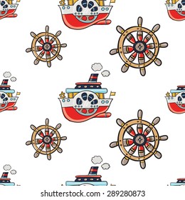 Funny cute hand drawn kids toy water transport for nursery decoration. Baby bright cartoon steering-wheel and steamship vector seamless pattern on white background. Set of isolated elements