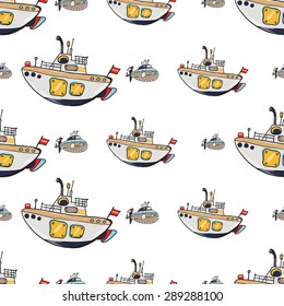 Funny cute hand drawn kids toy water transport for nursery decoration. Baby bright cartoon underwater and submarine vector seamless pattern on white background. Set of isolated elements