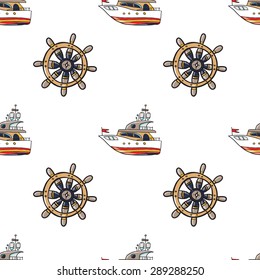 Funny cute hand drawn kids toy water transport for nursery decoration. Baby bright cartoon wheel and boat vector seamless pattern on white background. Set of isolated elements