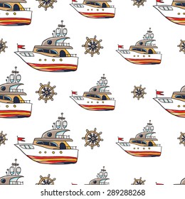 Funny cute hand drawn kids toy water transport for nursery decoration. Baby bright cartoon wheel and boat vector seamless pattern on white background. Set of isolated elements