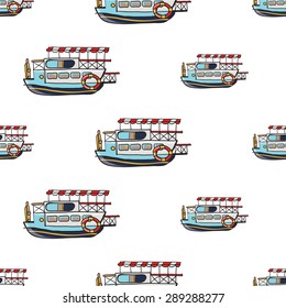 Funny cute hand drawn kids toy water transport for nursery decoration. Baby bright cartoon water-tram vector seamless pattern on white background. Set of isolated elements