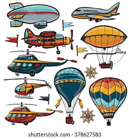 Funny cute hand drawn kids toy air transport. Child bright cartoon chopper helicopter aerostat balloon, biplane, dirigible, plane vector on white background. Baby boy birthday set of isolated elements