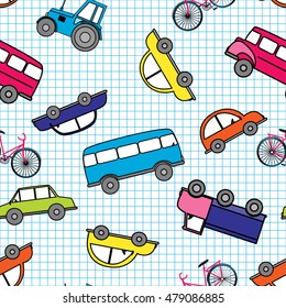 Funny cute hand drawn kids toy transport. Baby cartoon tractor, bus, truck, car vector seamless pattern on white background.