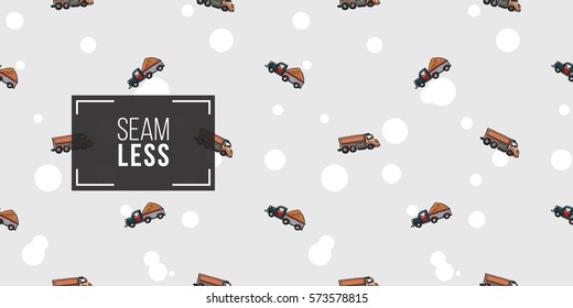 Funny cute hand drawn kids toy transport. Baby bright cartoon truck, tractor, car, droll wheels, let's work, vroom vroom vector seamless pattern on light background. 