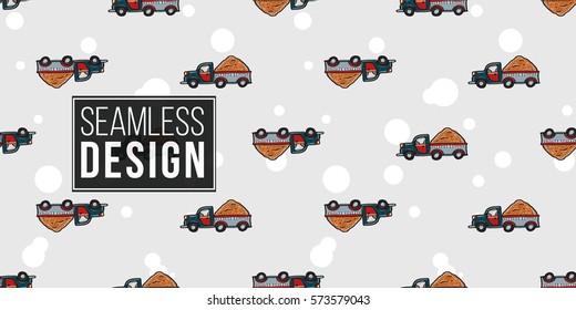 Funny cute hand drawn kids toy transport. Baby bright cartoon truck, car, bonny route vector seamless pattern on light background. Set of isolated elements. 