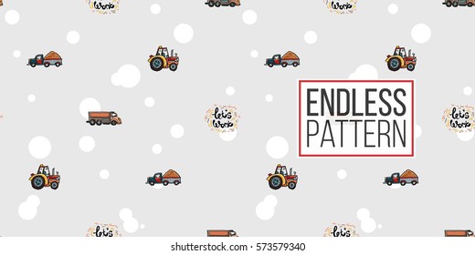 Funny cute hand drawn kids toy transport. Baby bright cartoon truck, tractor, let's work, droll wheels, vroom vroom vector seamless pattern on light background. Set of isolated elements. 