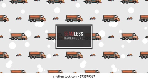 Funny cute hand drawn kids toy transport. Baby bright cartoon truck, tractor, car, droll wheels, let's work, vroom vroom vector seamless pattern on light background. 