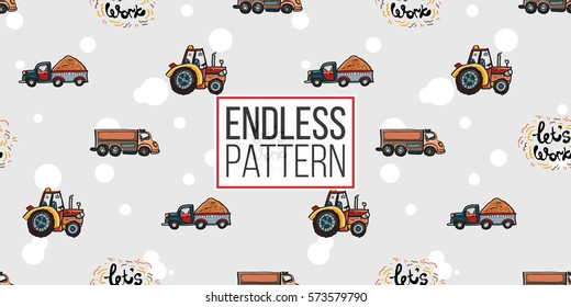 Funny cute hand drawn kids toy transport. Baby bright cartoon truck, tractor, let's work, droll wheels, vroom vroom vector seamless pattern on light background. Set of isolated elements. 
