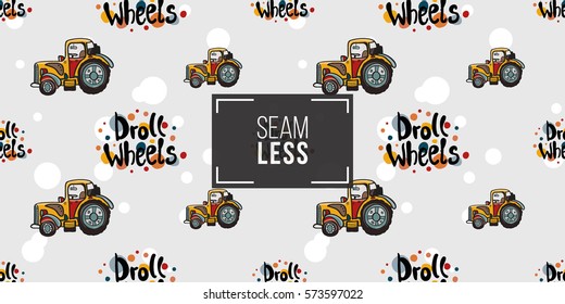 Funny cute hand drawn kids toy transport. Baby bright cartoon tractor and droll wheels vector seamless pattern on light background. Set of isolated elements. 