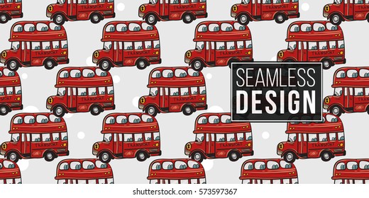 Funny cute hand drawn kids toy transport. Baby bright cartoon london bus, truck, tractor, car, droll wheels, let's work, vroom vroom vector seamless pattern on light background. 