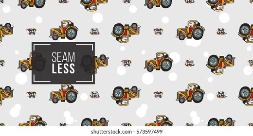 Funny cute hand drawn kids toy transport. Baby bright cartoon tractor and droll wheels vector seamless pattern on light background. Set of isolated elements. 