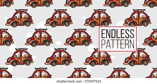Funny cute hand drawn kids toy transport. Baby bright cartoon retro auto, truck, tractor, car, droll wheels, let's work, vroom vroom vector seamless pattern on light background. 