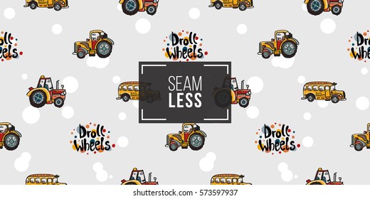 Funny cute hand drawn kids toy transport. Baby bright cartoon tractor, bus, droll wheels vector seamless pattern on light background. Set of isolated elements. 