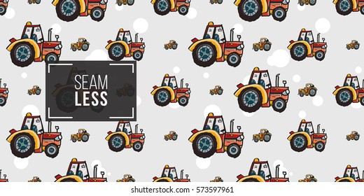 Funny cute hand drawn kids toy transport. Baby bright cartoon tractor, car, truck, droll wheels, let's work, vroom vroom vector seamless pattern on light background. 
