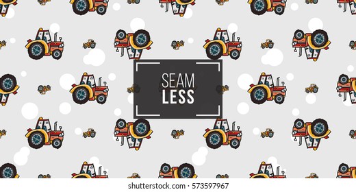 Funny cute hand drawn kids toy transport. Baby bright cartoon tractor, car, truck, droll wheels, let's work, vroom vroom vector seamless pattern on light background. 