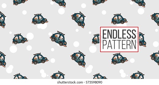 Funny cute hand drawn kids toy transport. Baby bright cartoon retro car, truck, tractor, car, droll wheels, let's work, vroom vroom vector seamless pattern on light background. 