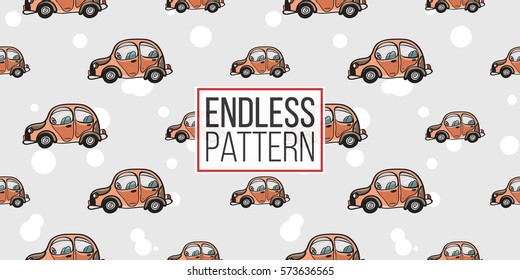 Funny cute hand drawn kids toy transport. Baby bright cartoon car and bonny route vector seamless pattern on light background. Set of isolated elements. 